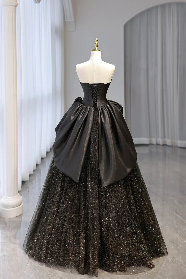 Black Strapless Satin and Tulle Long Prom Dress Beautiful A-Line Evening Party Dress