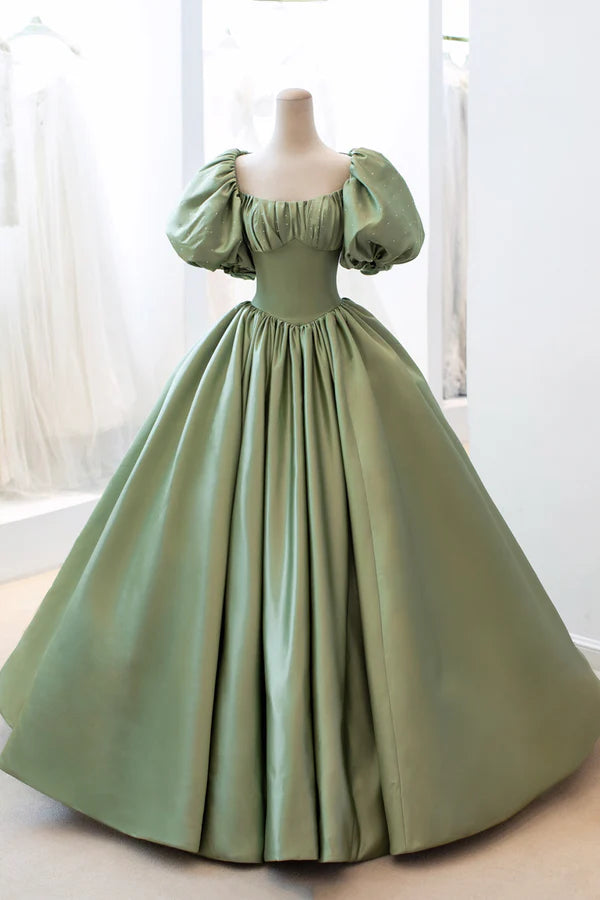 Green Satin Puff Sleeves Long Prom Dress Green A-Line Formal Dress