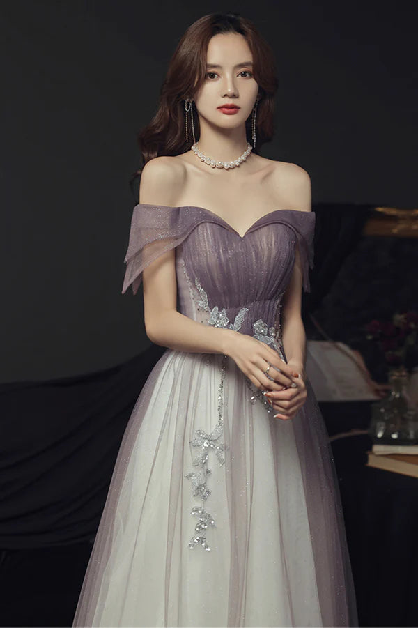 Purple Tulle Long A-Line Prom Dress Off the Shoulder Evening Graduation Dress