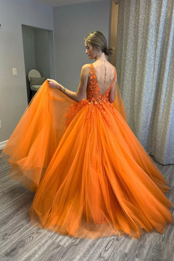 Orange V-Neck Tulle Lace Long Prom Dress A-Line Backless Evening Dress
