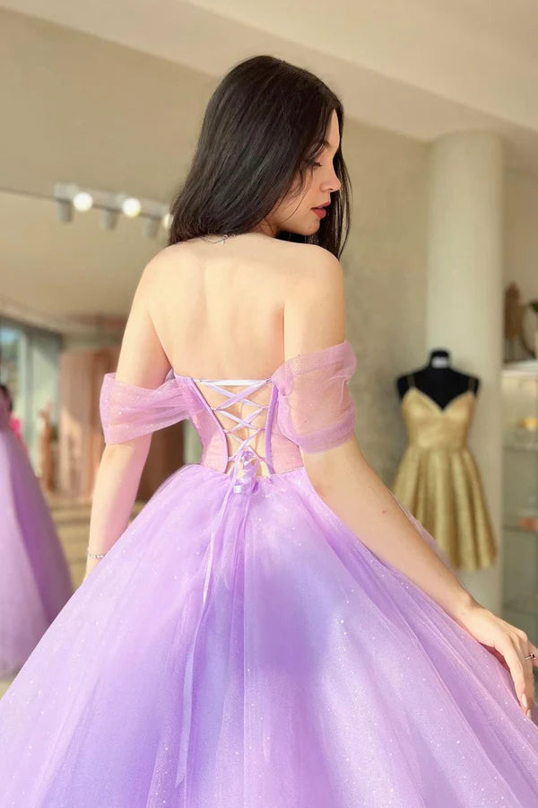 Purple Tulle Long A-Line Prom Dress Off Shoulder Evening Dress