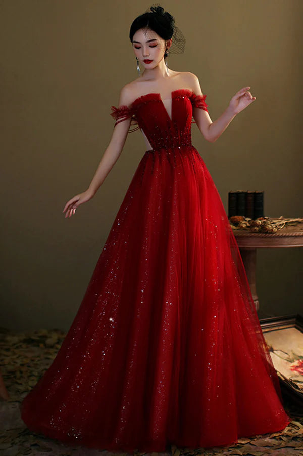Red Tulle Beaded Long Prom Dress A-Line Off the Shoulder Evening Dress