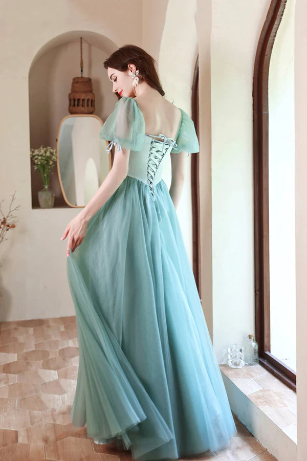A-Line Satin Tulle Long Prom Dress Green Short Sleeve Evening Party Dress