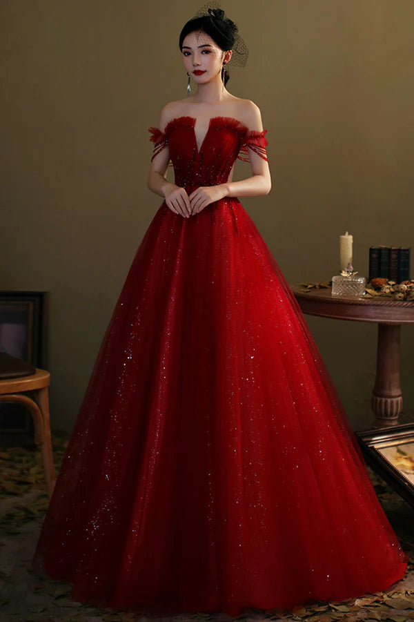 Red Tulle Beaded Long Prom Dress A-Line Off the Shoulder Evening Dress
