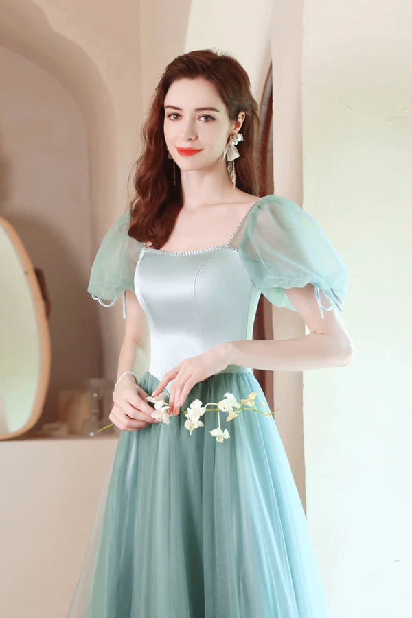 A-Line Satin Tulle Long Prom Dress Green Short Sleeve Evening Party Dress