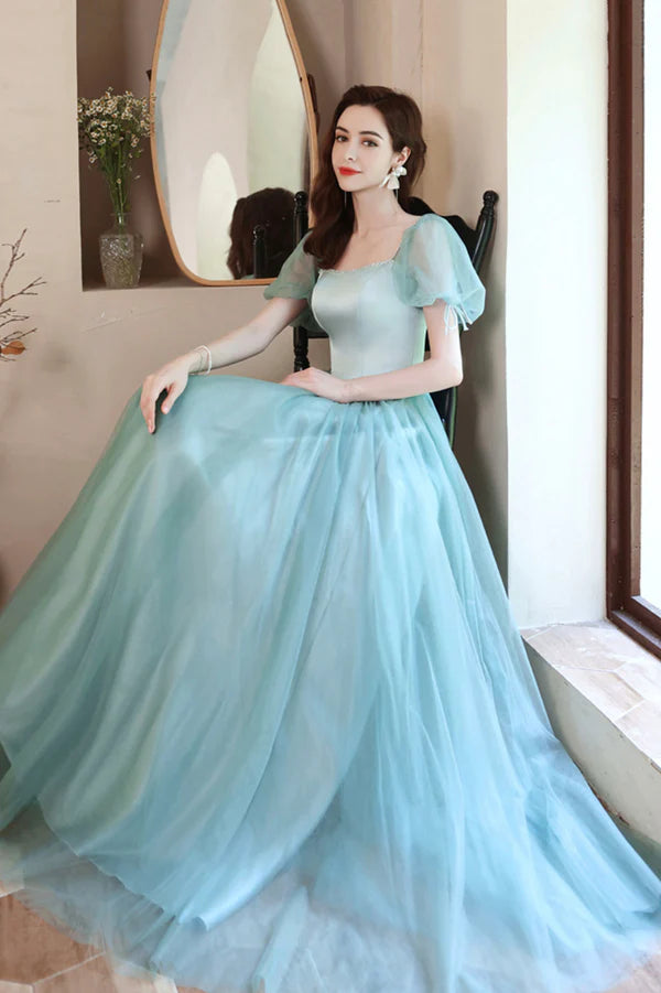 A-Line Satin Tulle Long Prom Dress Green Short Sleeve Evening Party Dress