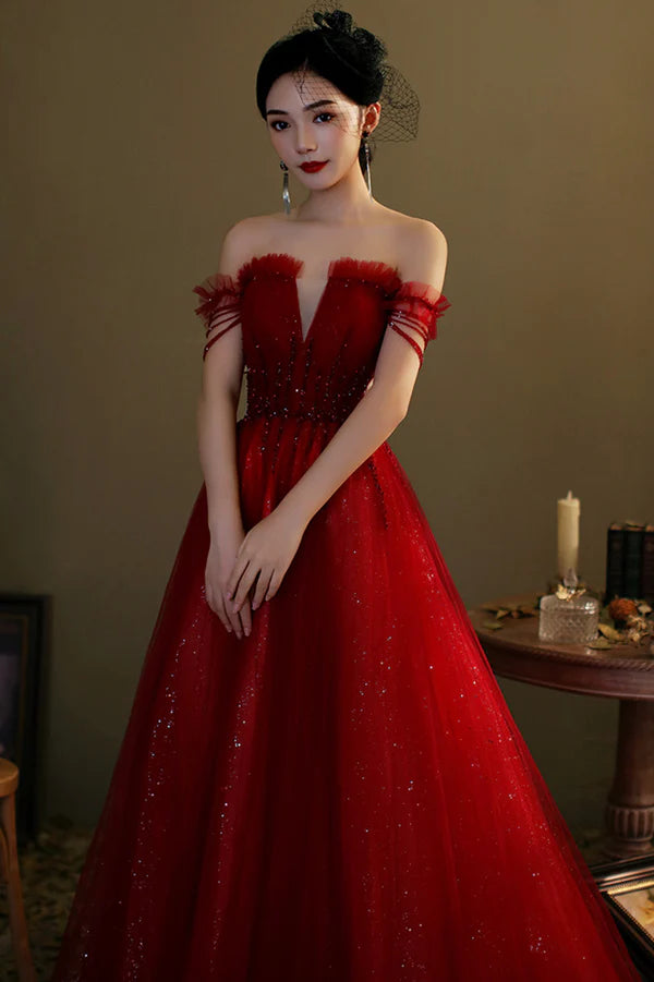 Red Tulle Beaded Long Prom Dress A-Line Off the Shoulder Evening Dress