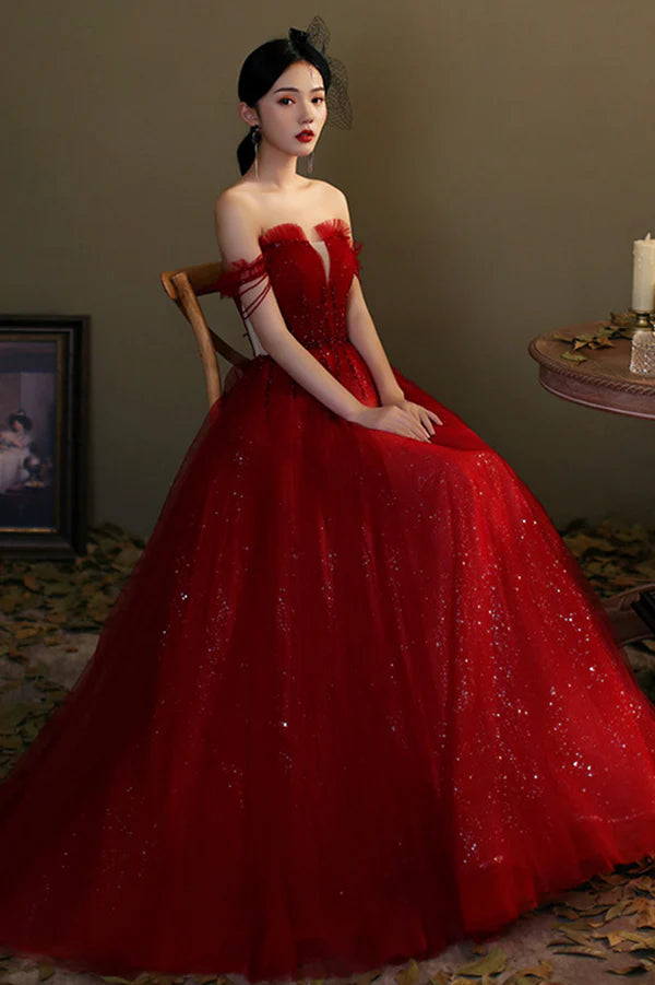 Red Tulle Beaded Long Prom Dress A-Line Off the Shoulder Evening Dress