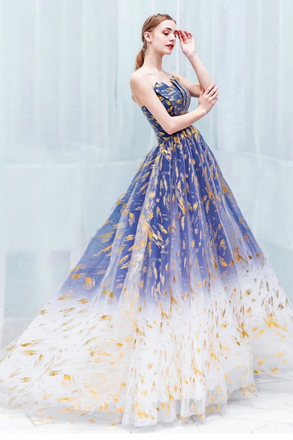 Blue Gradient Tulle Long A-Line Prom Dress Blue Strapless Evening Party Dress