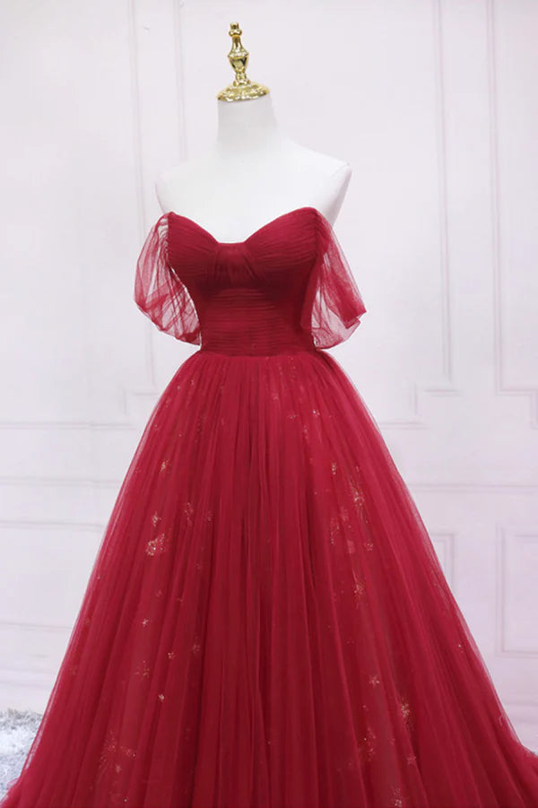 Red Tulle Long A-Line Prom Dress Off the Shoulder Formal Evening Dress