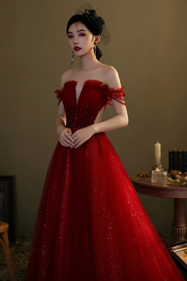 Red Tulle Beaded Long Prom Dress A-Line Off the Shoulder Evening Dress