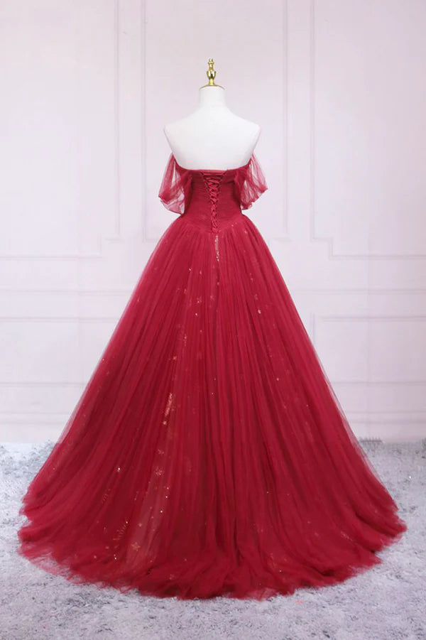 Red Tulle Long A-Line Prom Dress Off the Shoulder Formal Evening Dress