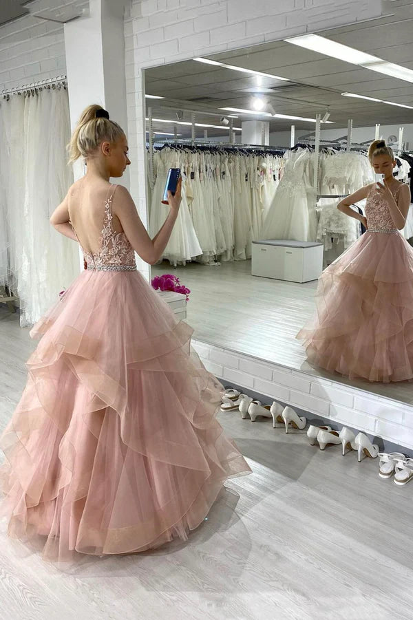 Pink Lace Long A-Line Prom Dress Pink Scoop Neckline Evening Party Dress