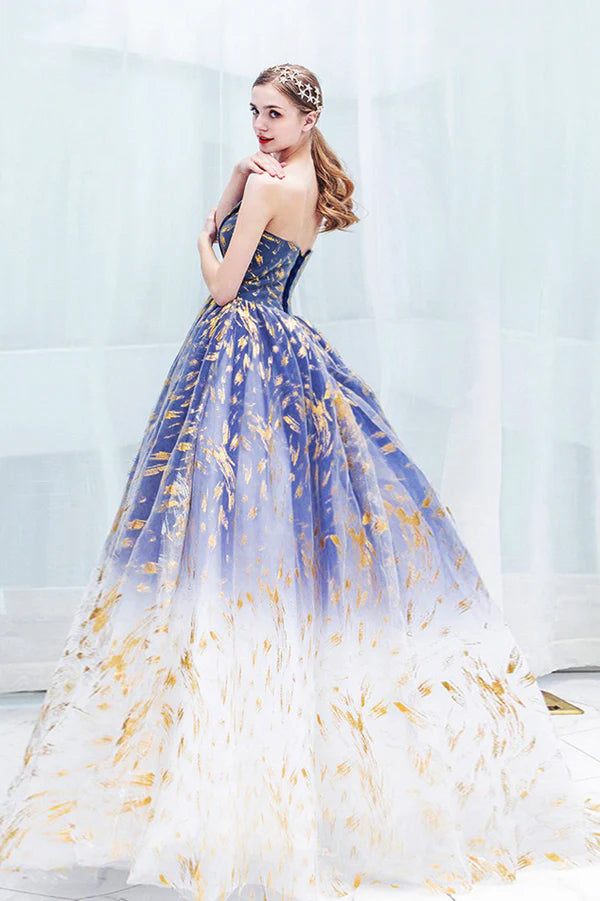 Blue Gradient Tulle Long A-Line Prom Dress Blue Strapless Evening Party Dress