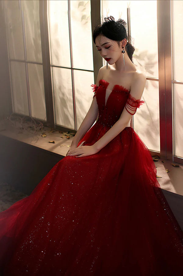 Red Tulle Beaded Long Prom Dress A-Line Off the Shoulder Evening Dress
