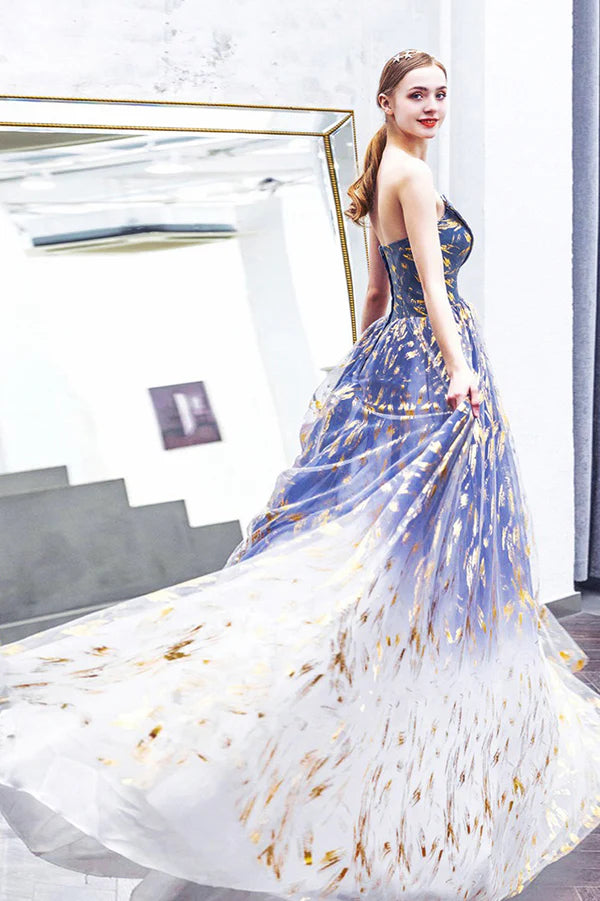 Blue Gradient Tulle Long A-Line Prom Dress Blue Strapless Evening Party Dress