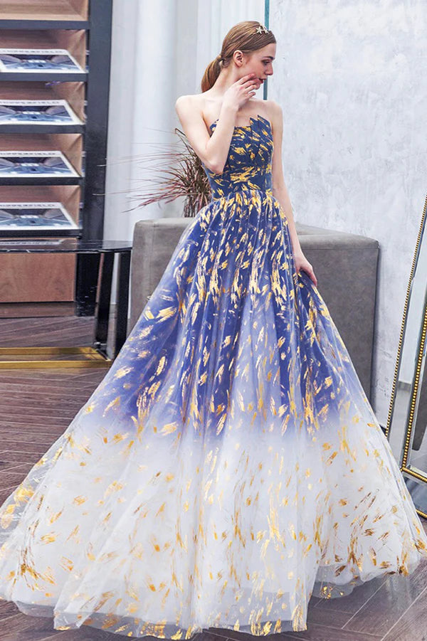 Blue Gradient Tulle Long A-Line Prom Dress Blue Strapless Evening Party Dress