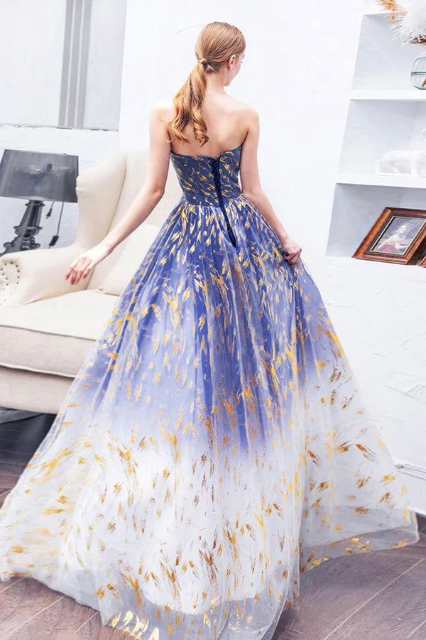 Blue Gradient Tulle Long A-Line Prom Dress Blue Strapless Evening Party Dress