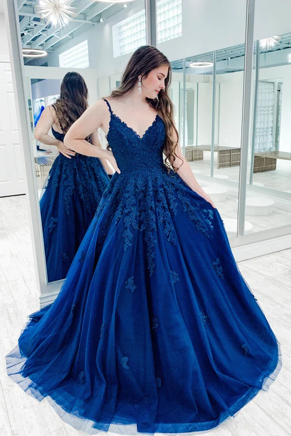 Blue V-Neck Lace Long Prom Dress A-Line Spaghetti Formal Dress