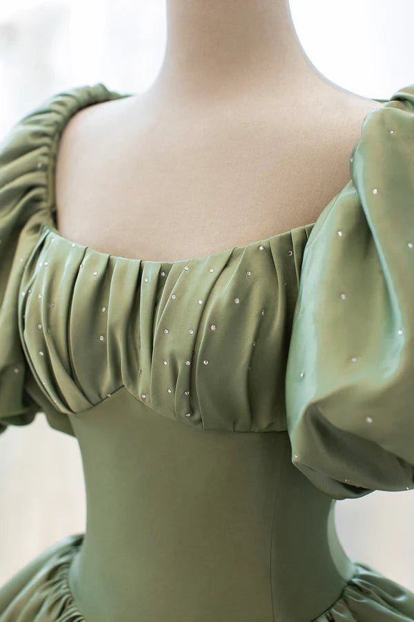 Green Satin Puff Sleeves Long Prom Dress Green A-Line Formal Dress