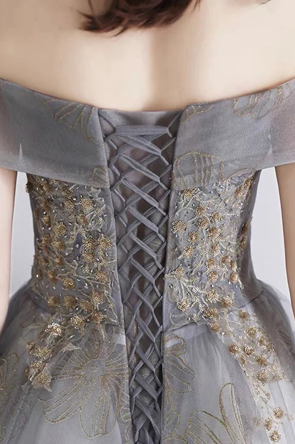 Gray Tulle Sequins Long Prom Dress Off the Shoulder Evening Graduation Dress