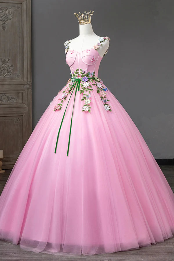 Pink Tulle Flower Long Prom Dresses Cute Spaghetti Sweet 16 Dresses