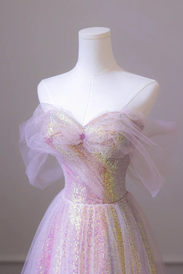 Stylish Tulle Sequins Long Prom Dress A-Line Sweetheart Neckline Evening Dress