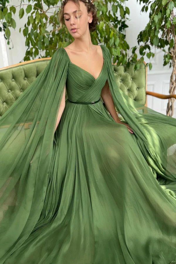 Green Chiffon Long A-Line Prom Dress Long Sleeve Evening Graduation Dress
