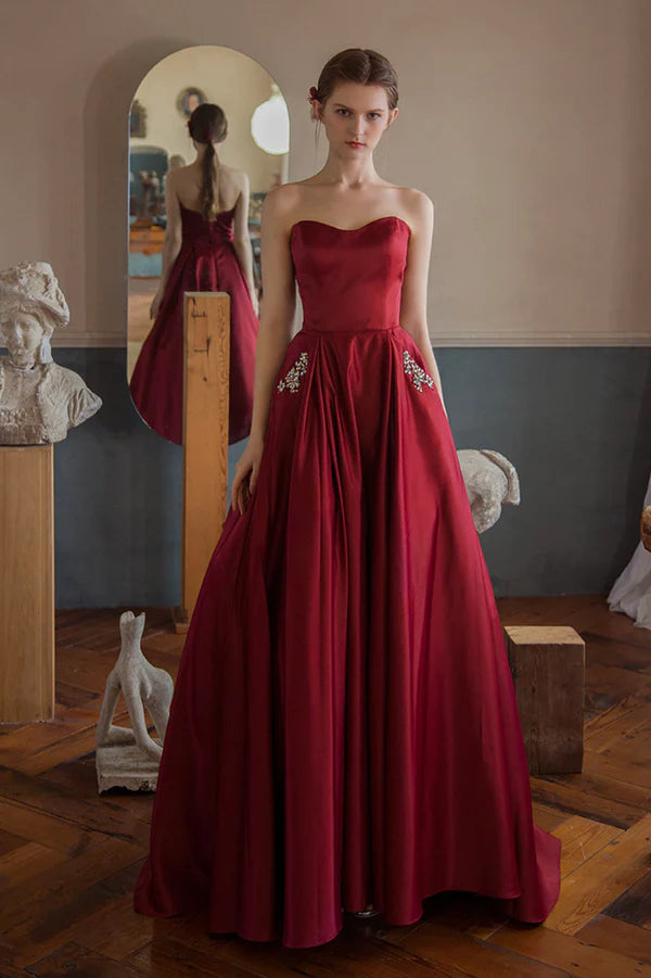 Burgundy Strapless Satin Long Prom Dress A-Line Evening Graduation Dress