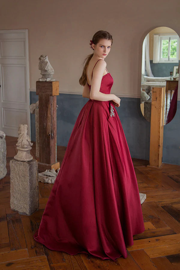 Burgundy Strapless Satin Long Prom Dress A-Line Evening Graduation Dress