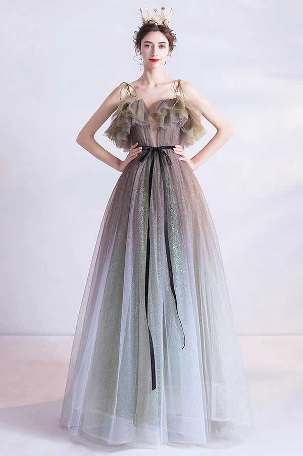 Cute Gradient Tulle Long Prom Dress A-Line Spaghetti Straps Formal Evening Dress