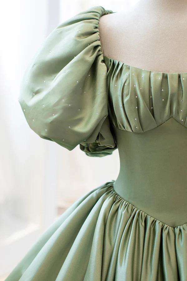 Green Satin Puff Sleeves Long Prom Dress Green A-Line Formal Dress