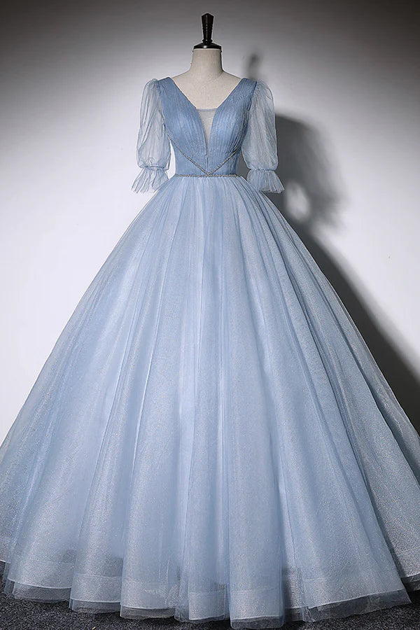 Blue V-Neck Tulle Long Prom Dress A-Line Formal Evening Dress