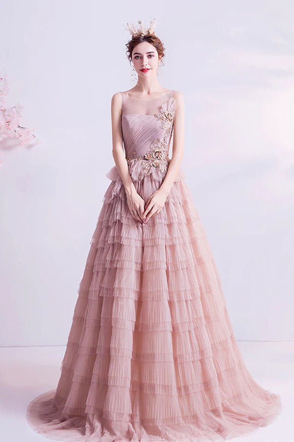 Pink Tulle Long A-Line Prom Dress Pink Scoop Neckline Formal Evening Dress