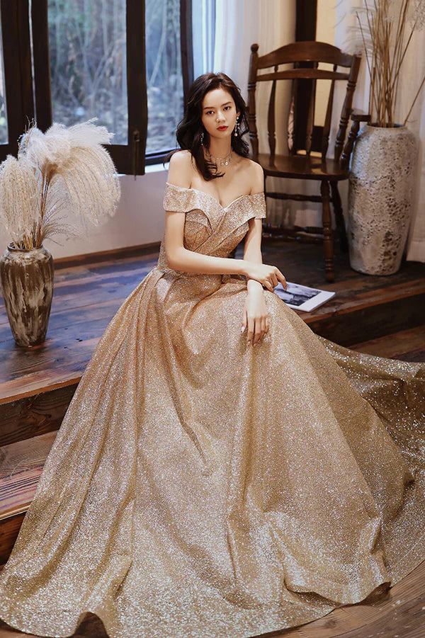 Gold Sequins Off the Shoulder Prom Dress Shiny A-Line Evening Party Dress