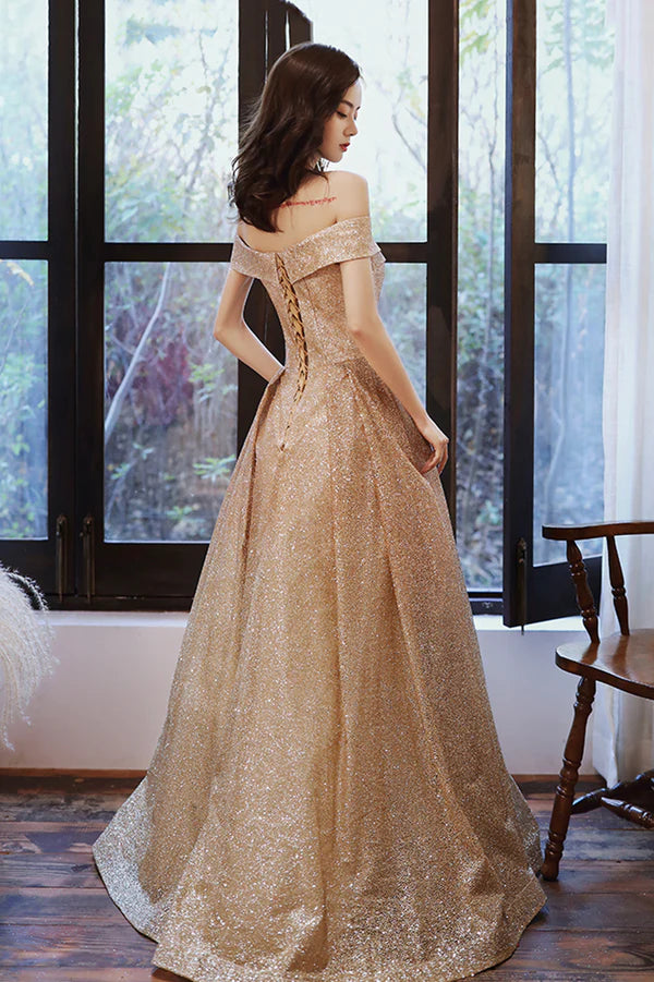 Gold Sequins Off the Shoulder Prom Dress Shiny A-Line Evening Party Dress
