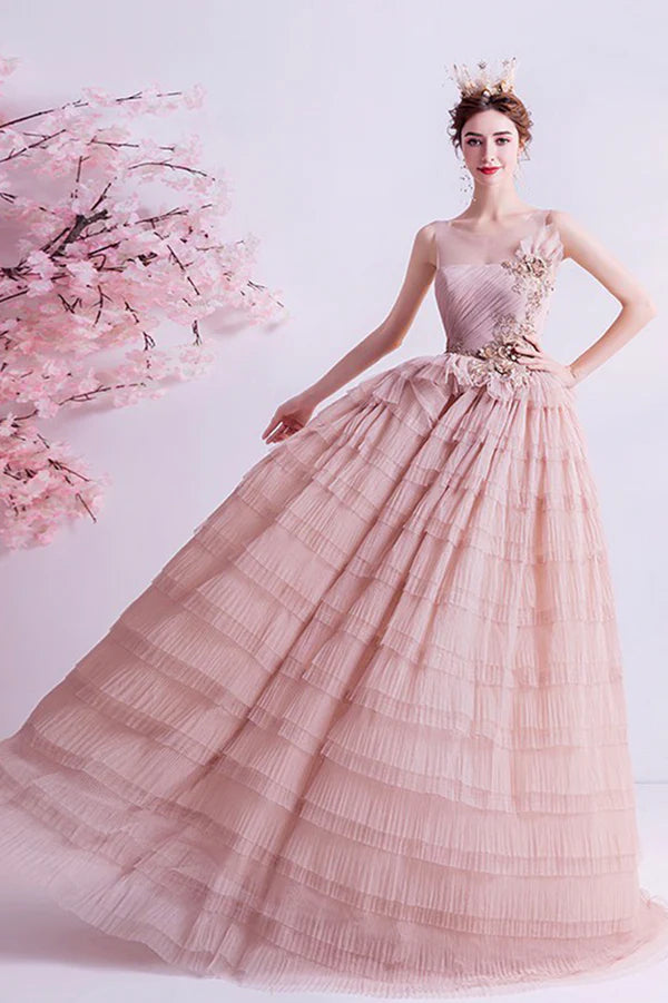 Pink Tulle Long A-Line Prom Dress Pink Scoop Neckline Formal Evening Dress