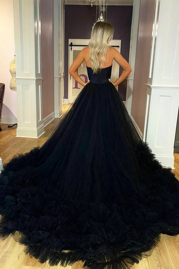 Black Tulle Long Prom Dress Black A-Line Strapless Evening Dress