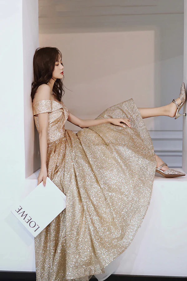 Gold Sequins Off the Shoulder Prom Dress Shiny A-Line Evening Party Dress