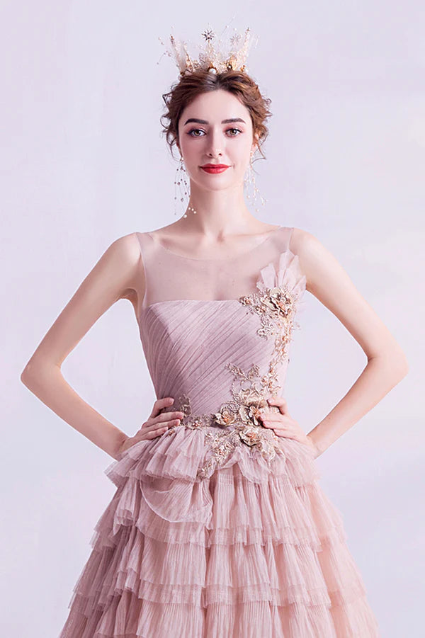 Pink Tulle Long A-Line Prom Dress Pink Scoop Neckline Formal Evening Dress