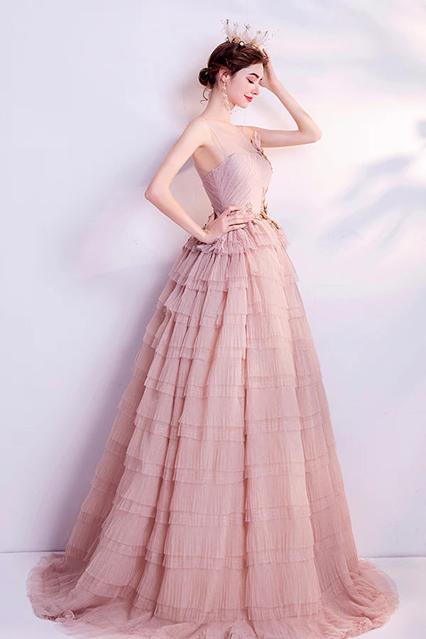 Pink Tulle Long A-Line Prom Dress Pink Scoop Neckline Formal Evening Dress