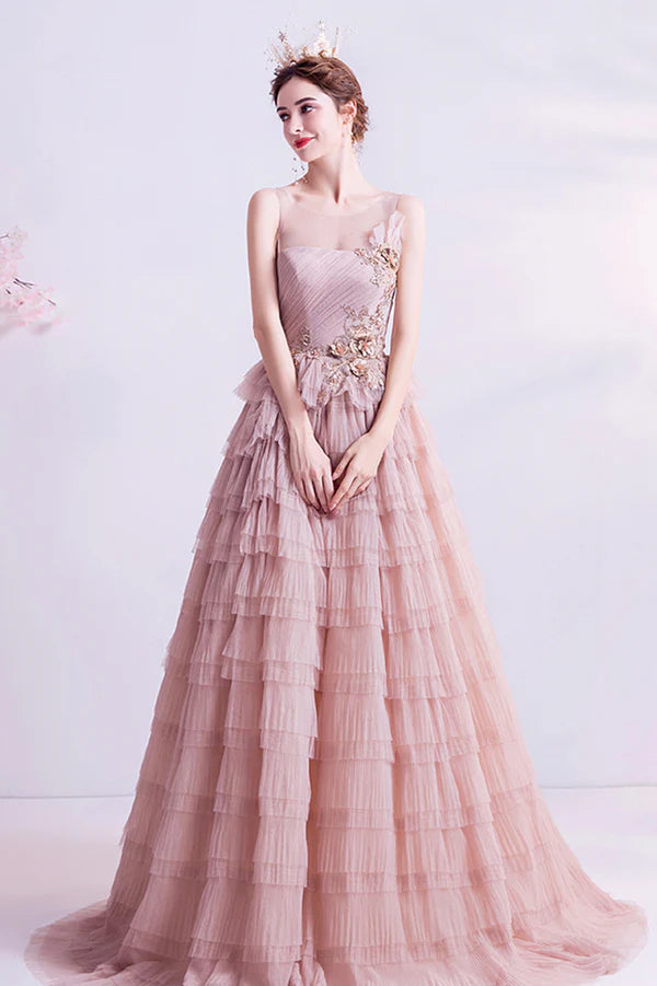 Pink Tulle Long A-Line Prom Dress Pink Scoop Neckline Formal Evening Dress
