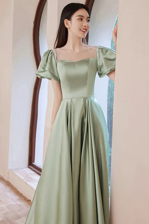Green Satin Long A-Line Prom Dress Cute Short Sleeve Evening Dress