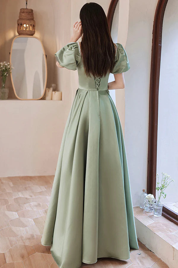 Green Satin Long A-Line Prom Dress Cute Short Sleeve Evening Dress