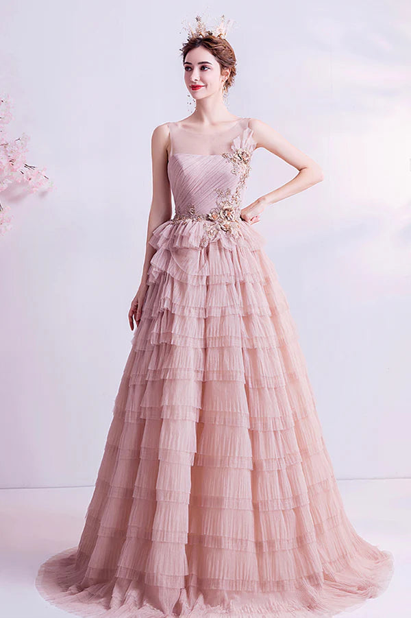 Pink Tulle Long A-Line Prom Dress Pink Scoop Neckline Formal Evening Dress