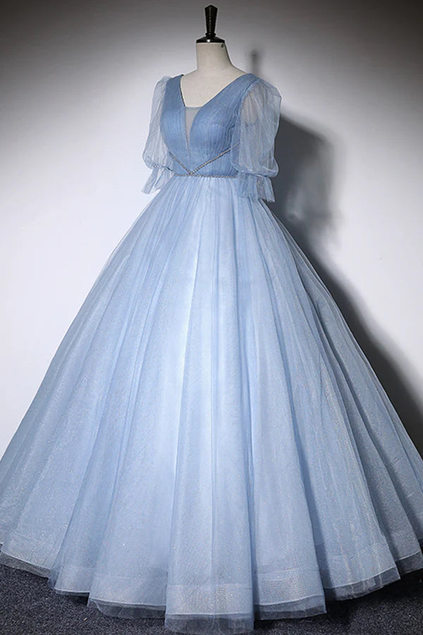 Blue V-Neck Tulle Long Prom Dress A-Line Formal Evening Dress