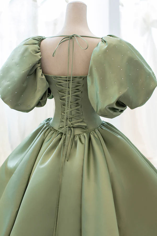 Green Satin Puff Sleeves Long Prom Dress Green A-Line Formal Dress