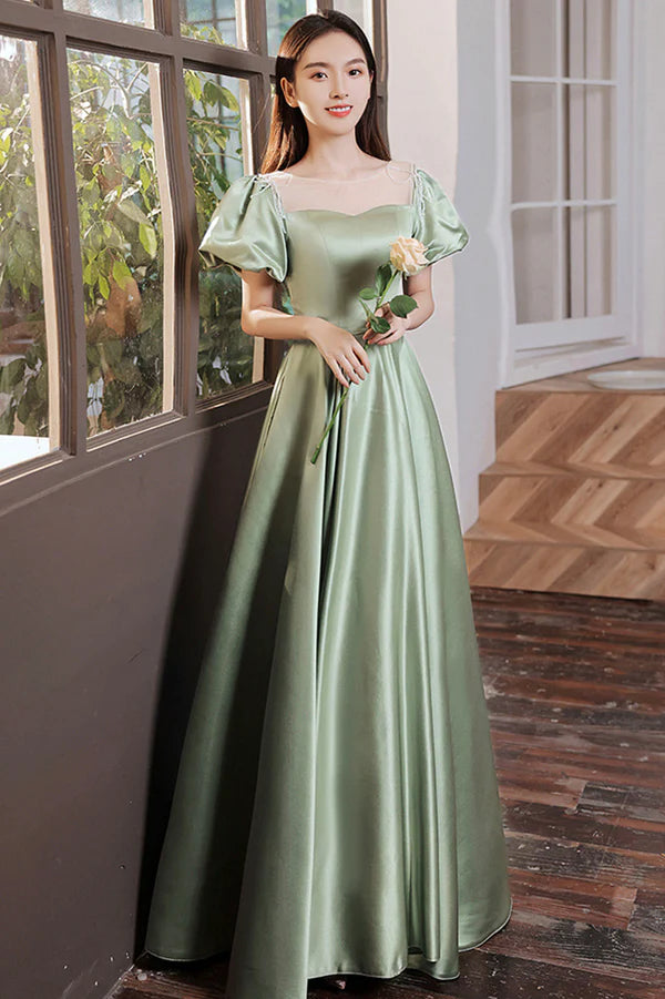 Green Satin Long A-Line Prom Dress Cute Short Sleeve Evening Dress