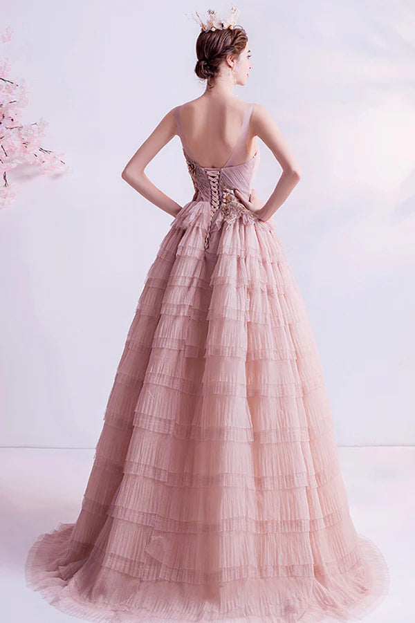 Pink Tulle Long A-Line Prom Dress Pink Scoop Neckline Formal Evening Dress