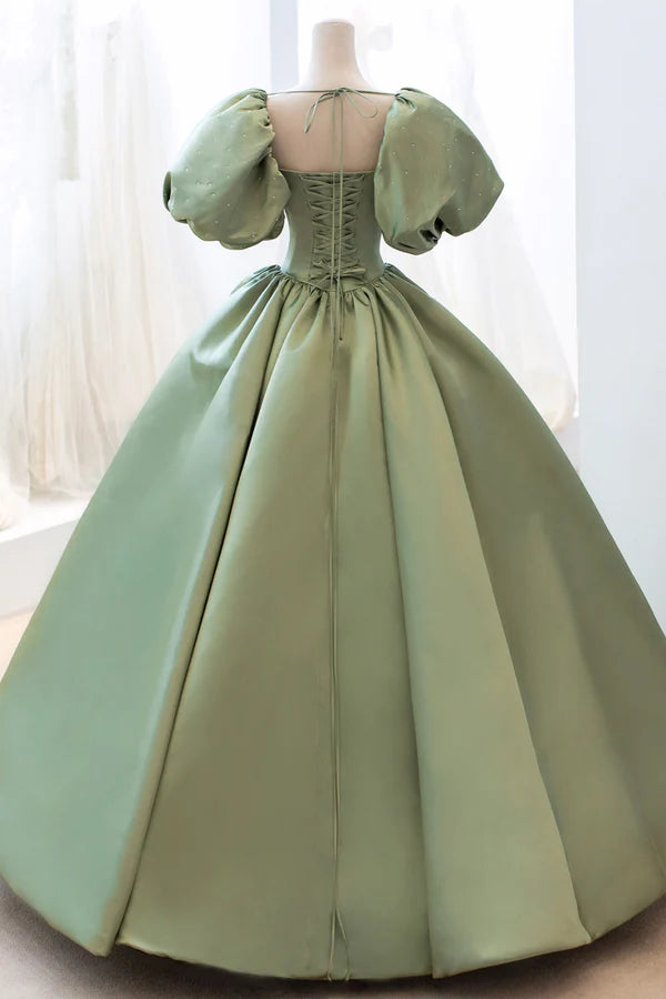 Green Satin Puff Sleeves Long Prom Dress Green A-Line Formal Dress